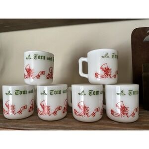 Tom and Jerry Coffee Mug Anchor Hocking 3" Red & Green Vtg Candlestick Set of 6
